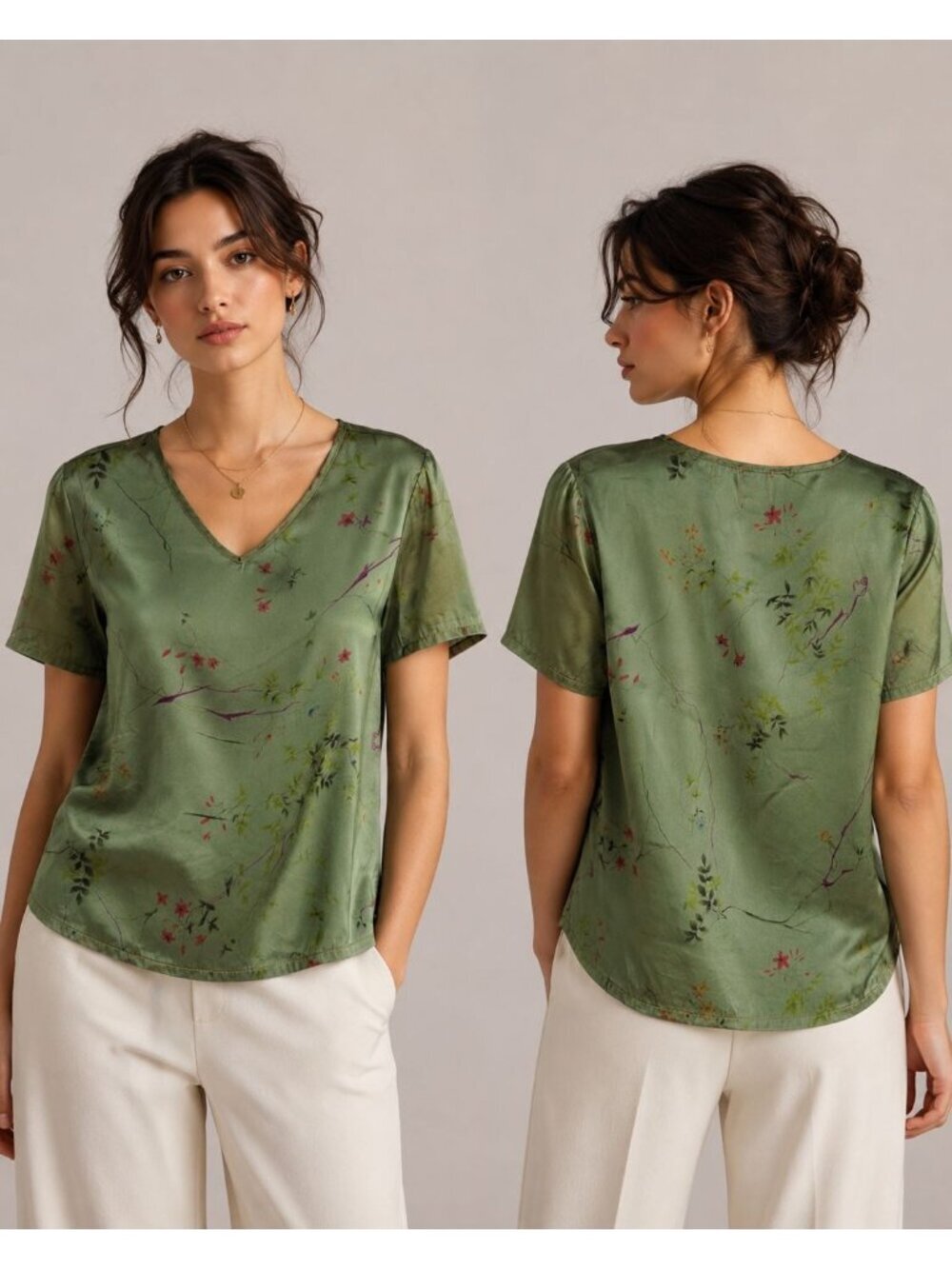 Mike & Tod Vtg Floral Silk Blouse Short Sleeve V-Neck Olive Xsmall